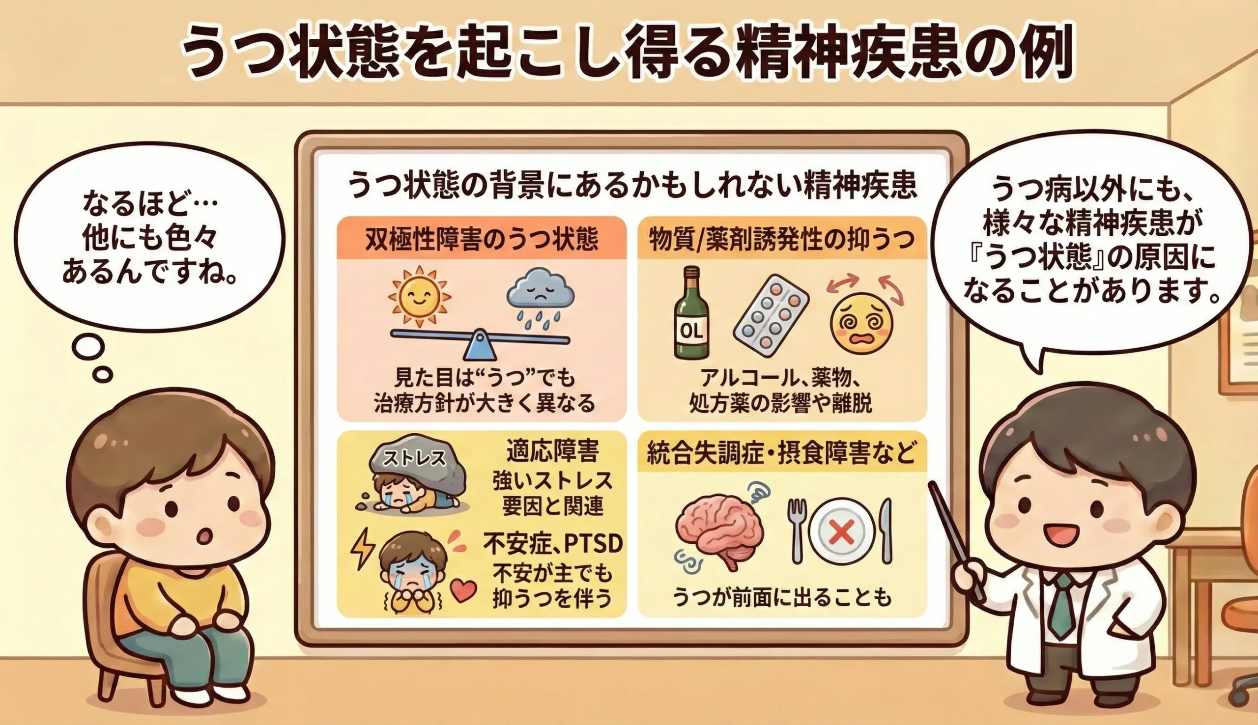 うつ状態を起こし得る精神疾患の例